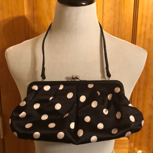 Handbags - Satin black and white polka dot purse w strap